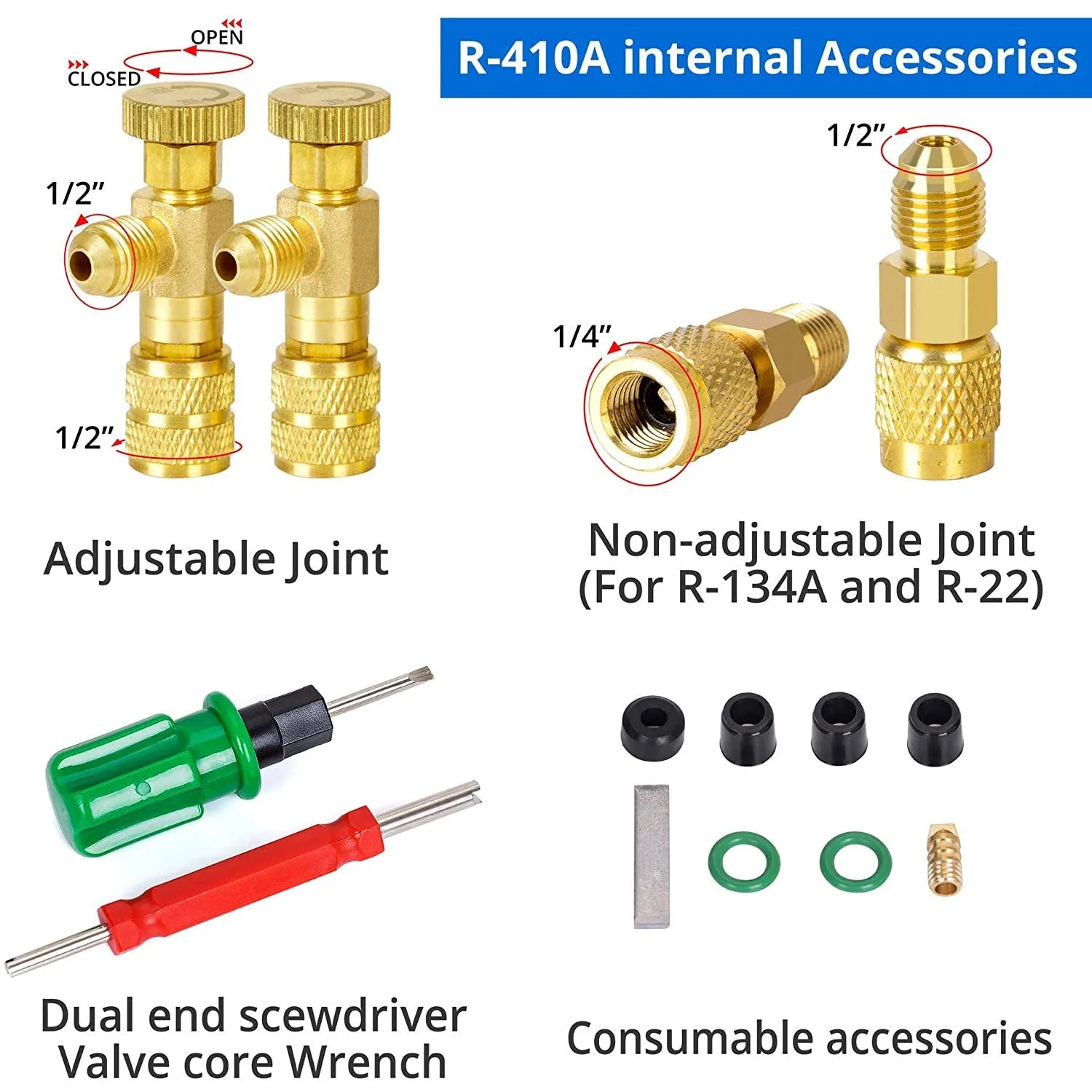 Manifold Gauge Set for R134A, R12 Refrigerant, Brass Auto Service Set with 5 ft Hoses, 1/4" Fittings, Quick Connector Couplers and Can Tap