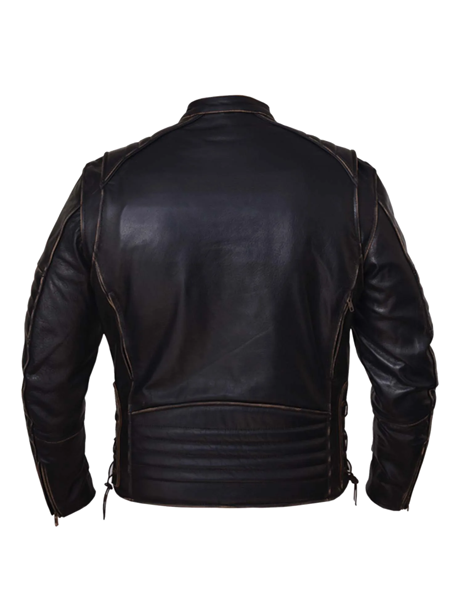 Men's Motorcycle Vintage Rub off Brn Scoter Leather jacket with Side laces & Kidney padding back