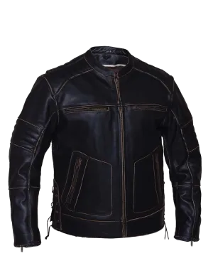 Men's Motorcycle Vintage Rub off Brn Scoter Leather jacket with Side laces & Kidney padding back