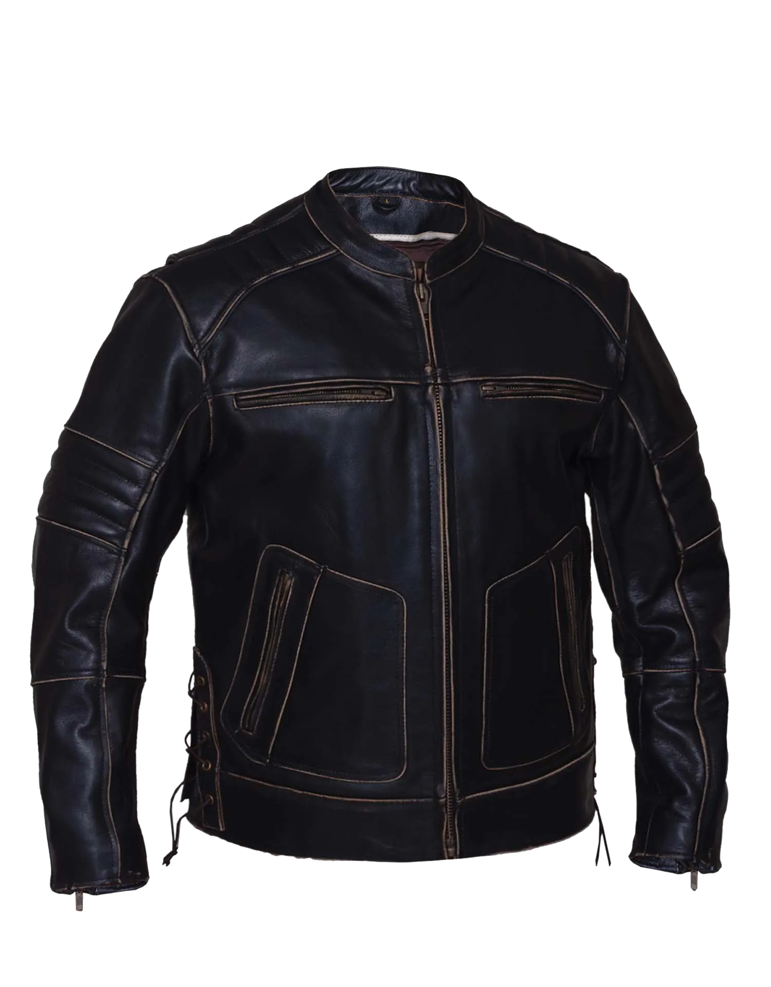 Men's Motorcycle Vintage Rub off Brn Scoter Leather jacket with Side laces & Kidney padding back