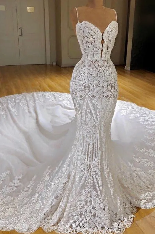 Modern Lace Mermaid Wedding Dresses Spaghetti Straps Appliques Bridal Gowns