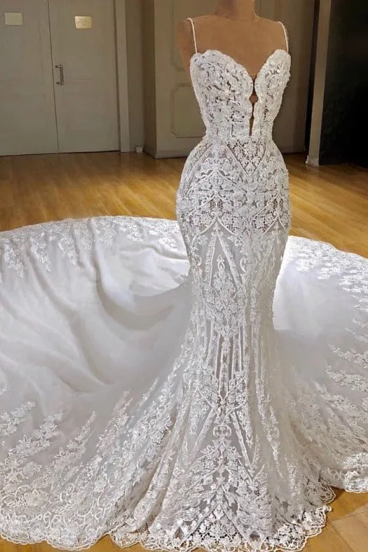 Modern Lace Mermaid Wedding Dresses Spaghetti Straps Appliques Bridal Gowns