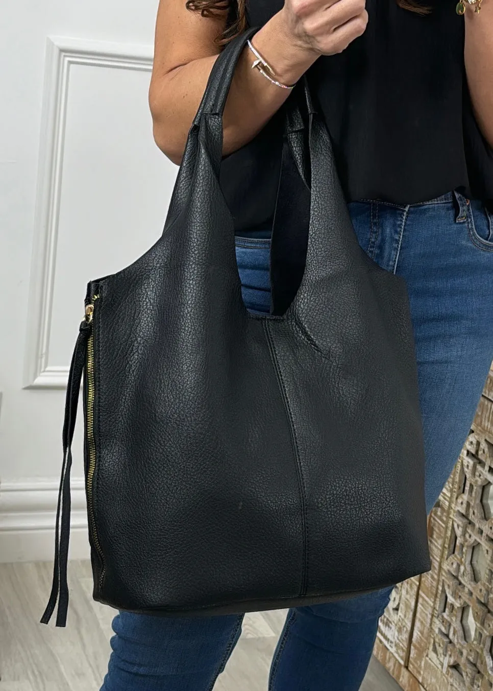Nadia Black Zip Detail Tote Bag
