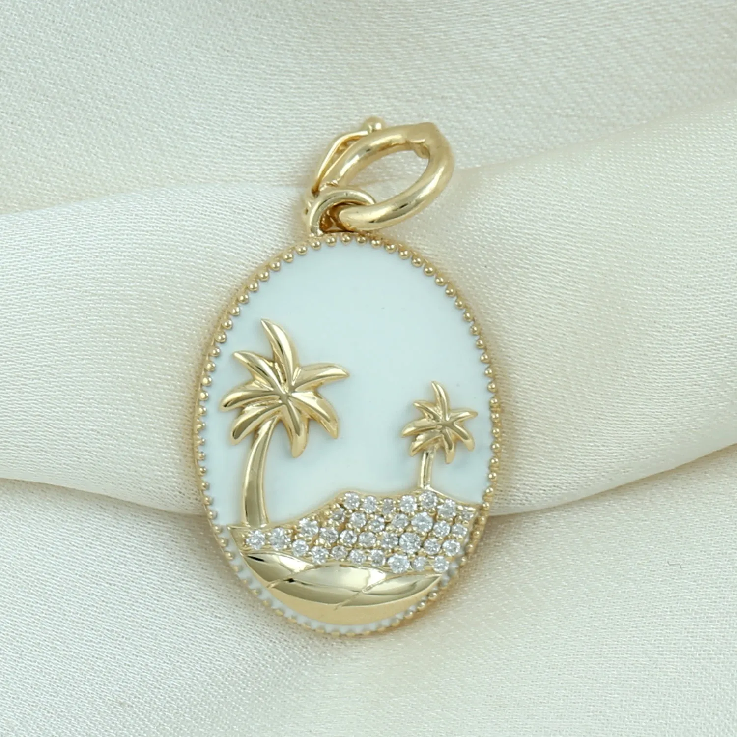 Natural Diamond Coconut Tree Beach Charm Enamel 18k Yellow Gold Pendant