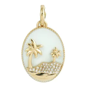 Natural Diamond Coconut Tree Beach Charm Enamel 18k Yellow Gold Pendant