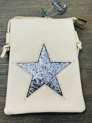 New Ecosse Design Crossbody leather purse in Ivory with sequin star! Rear pocket to hold your Phone! Great Quality!
