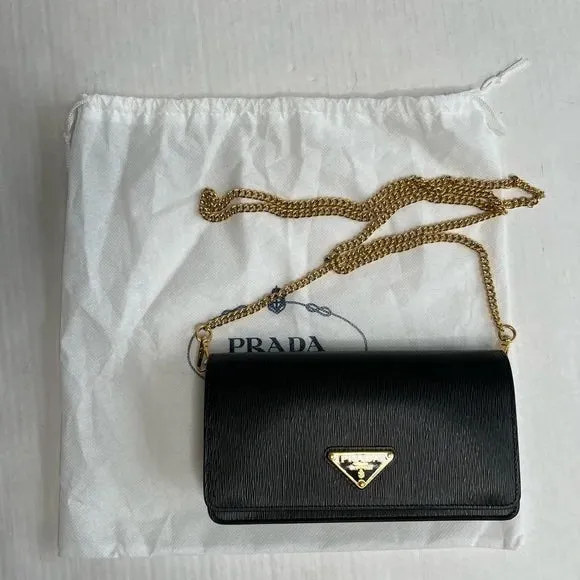 NEW Prada Miniborse Black Vitello Move Leather Chain Cross Body Black Leather Gold