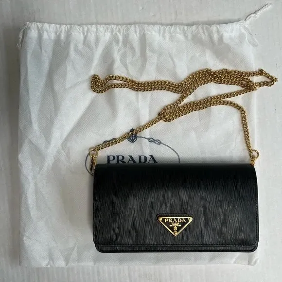 NEW Prada Miniborse Black Vitello Move Leather Chain Cross Body Black Leather Gold