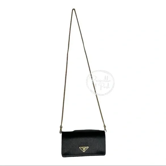 NEW Prada Miniborse Black Vitello Move Leather Chain Cross Body Black Leather Gold
