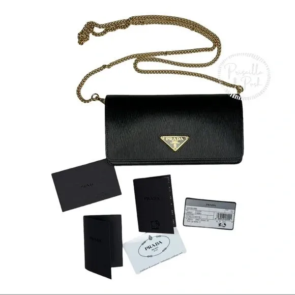 NEW Prada Miniborse Black Vitello Move Leather Chain Cross Body Black Leather Gold