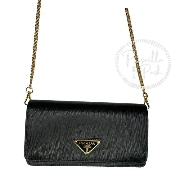 NEW Prada Miniborse Black Vitello Move Leather Chain Cross Body Black Leather Gold