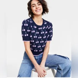 NWT Trendy Cherry Jacquard Short-Sleeve Sweater size M