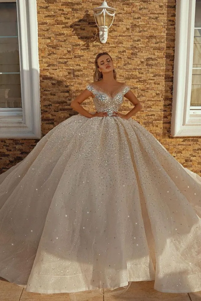 Off the Shoulder Crystal Princess Ball Gown Sequins Bridal Gowns