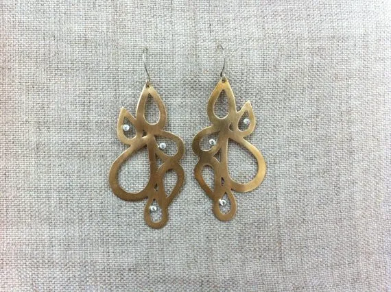 One-of-a-Kind, Hand-Made Gold Colored Brass Tear Drop Clusters w/ Three White Cubic Zirconia - 0304