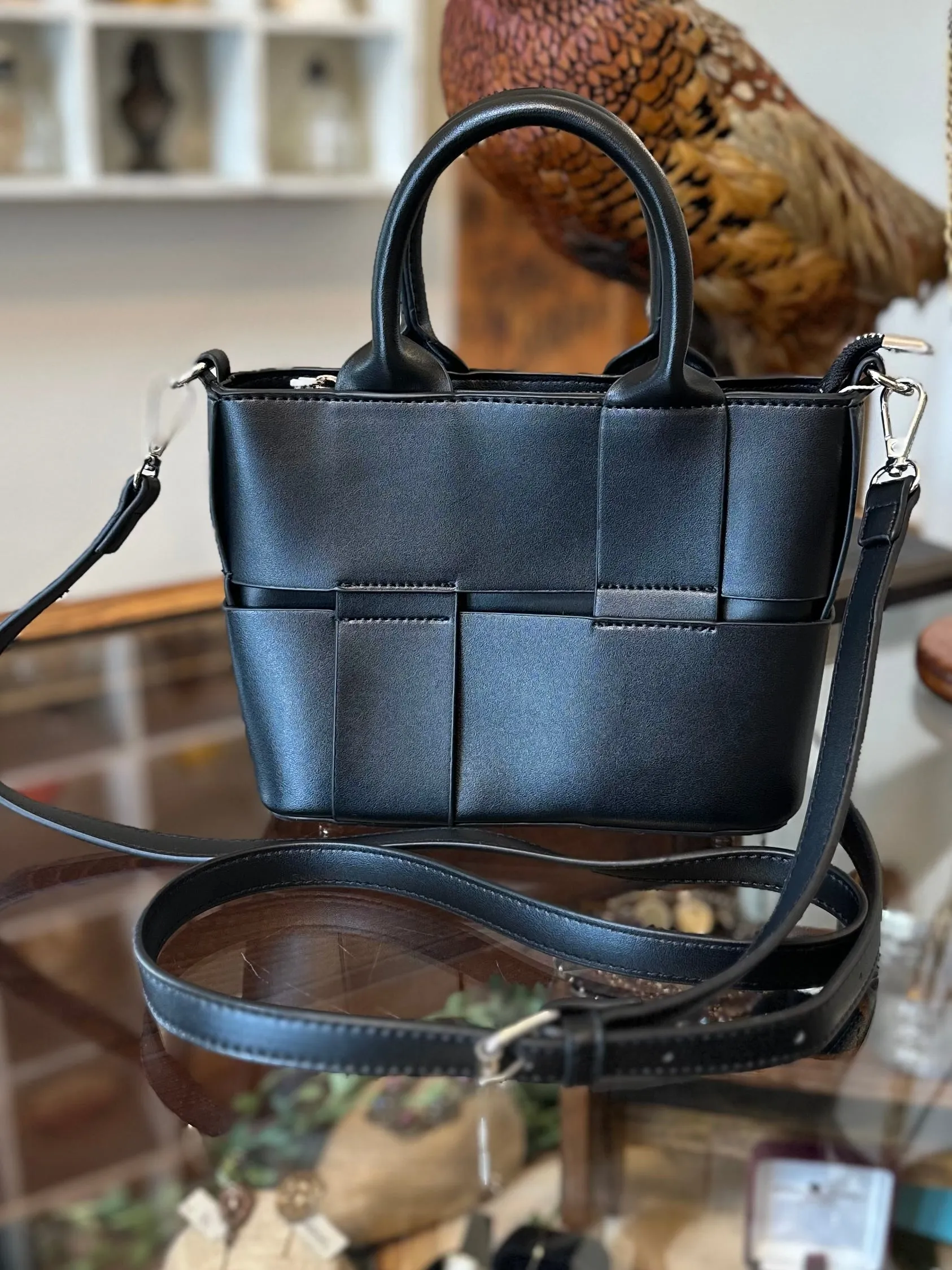 OSLO - Black Overlay Faux Leather Top Handle Handbag or Crossbody Bag