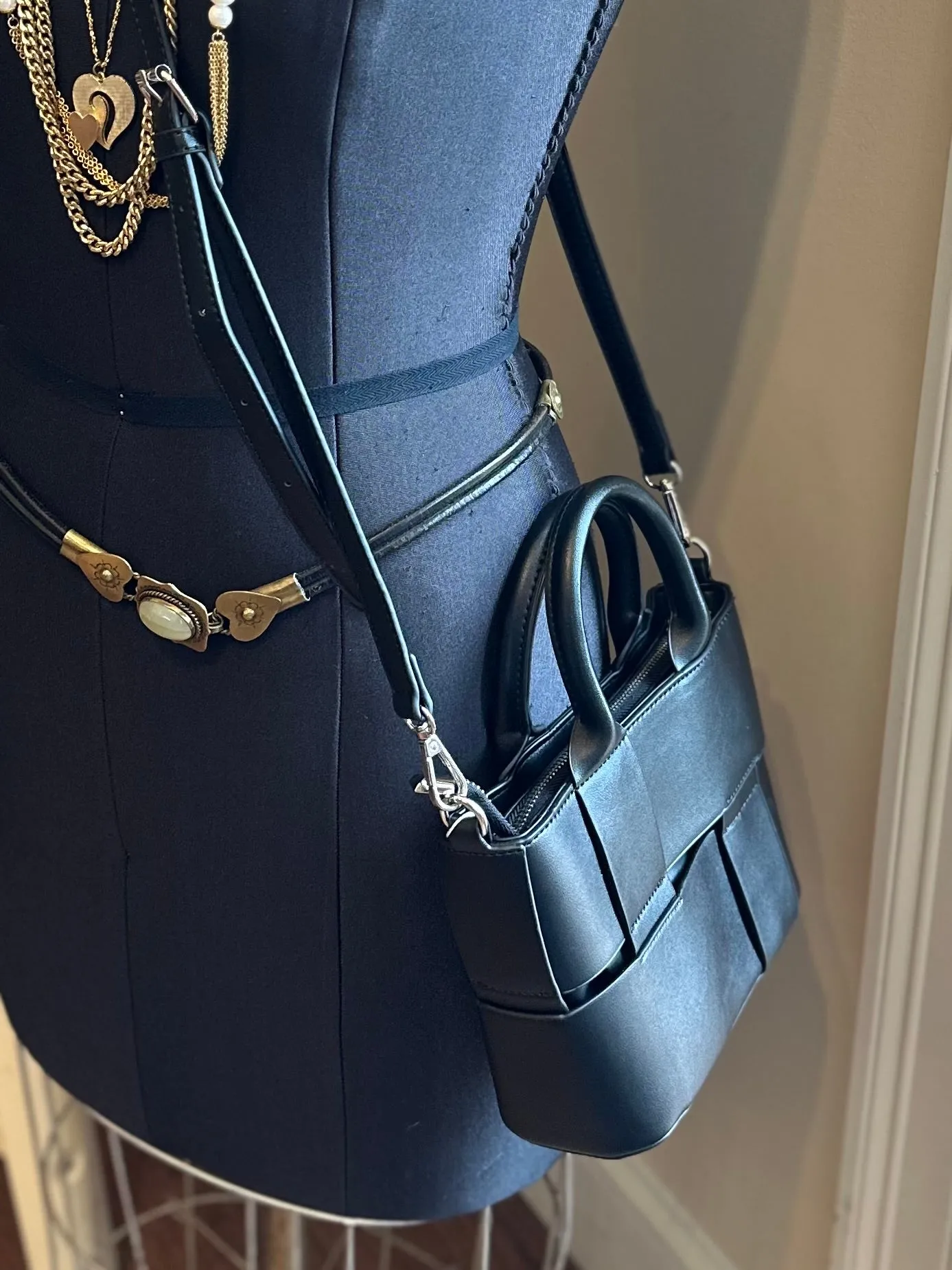 OSLO - Black Overlay Faux Leather Top Handle Handbag or Crossbody Bag