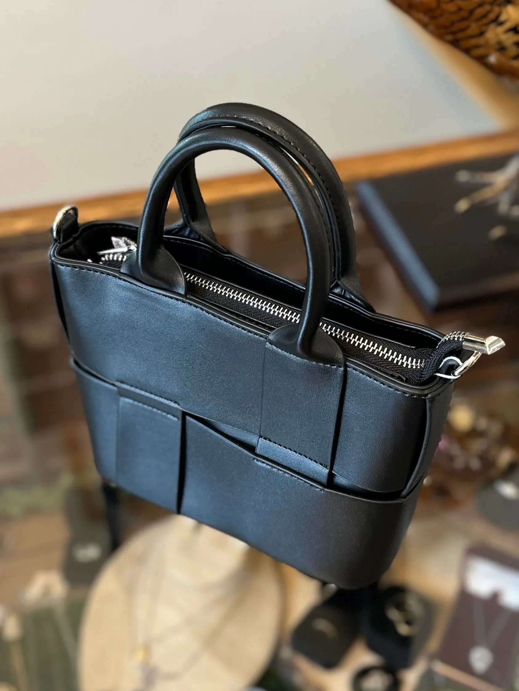 OSLO - Black Overlay Faux Leather Top Handle Handbag or Crossbody Bag