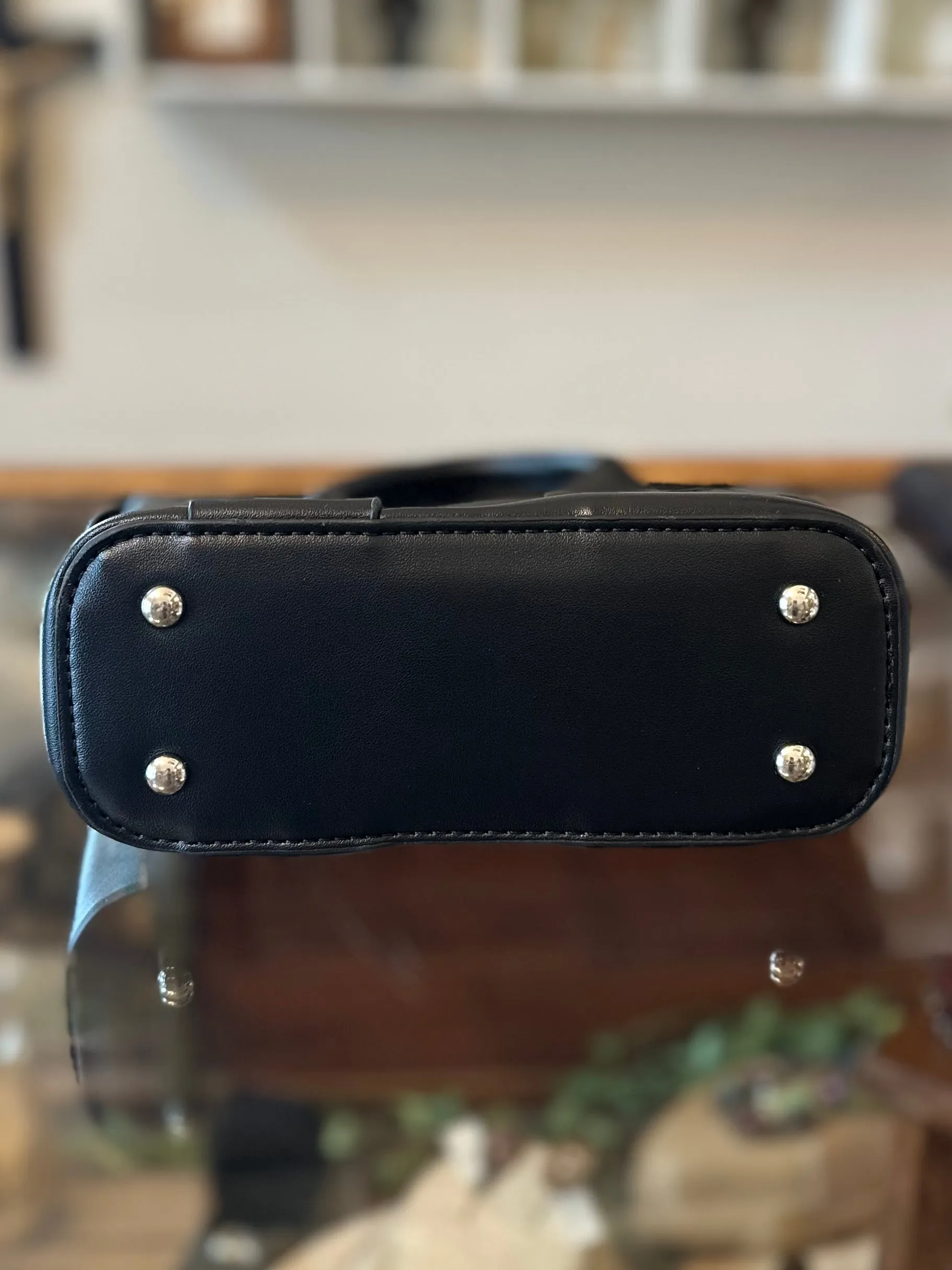 OSLO - Black Overlay Faux Leather Top Handle Handbag or Crossbody Bag