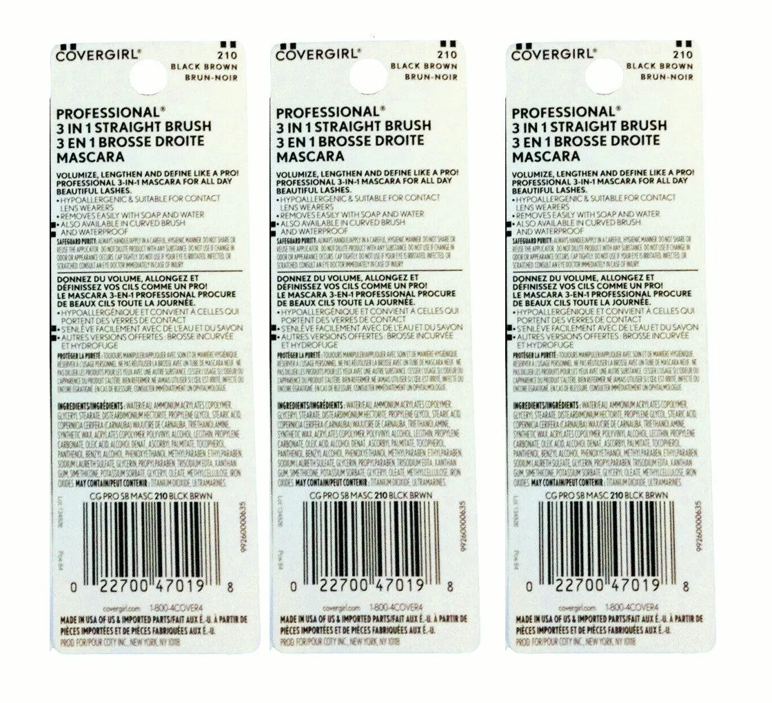 Pack of 3 CoverGirl Professional  3-in-1 Curved Brush Mascara, Black Brown 210
