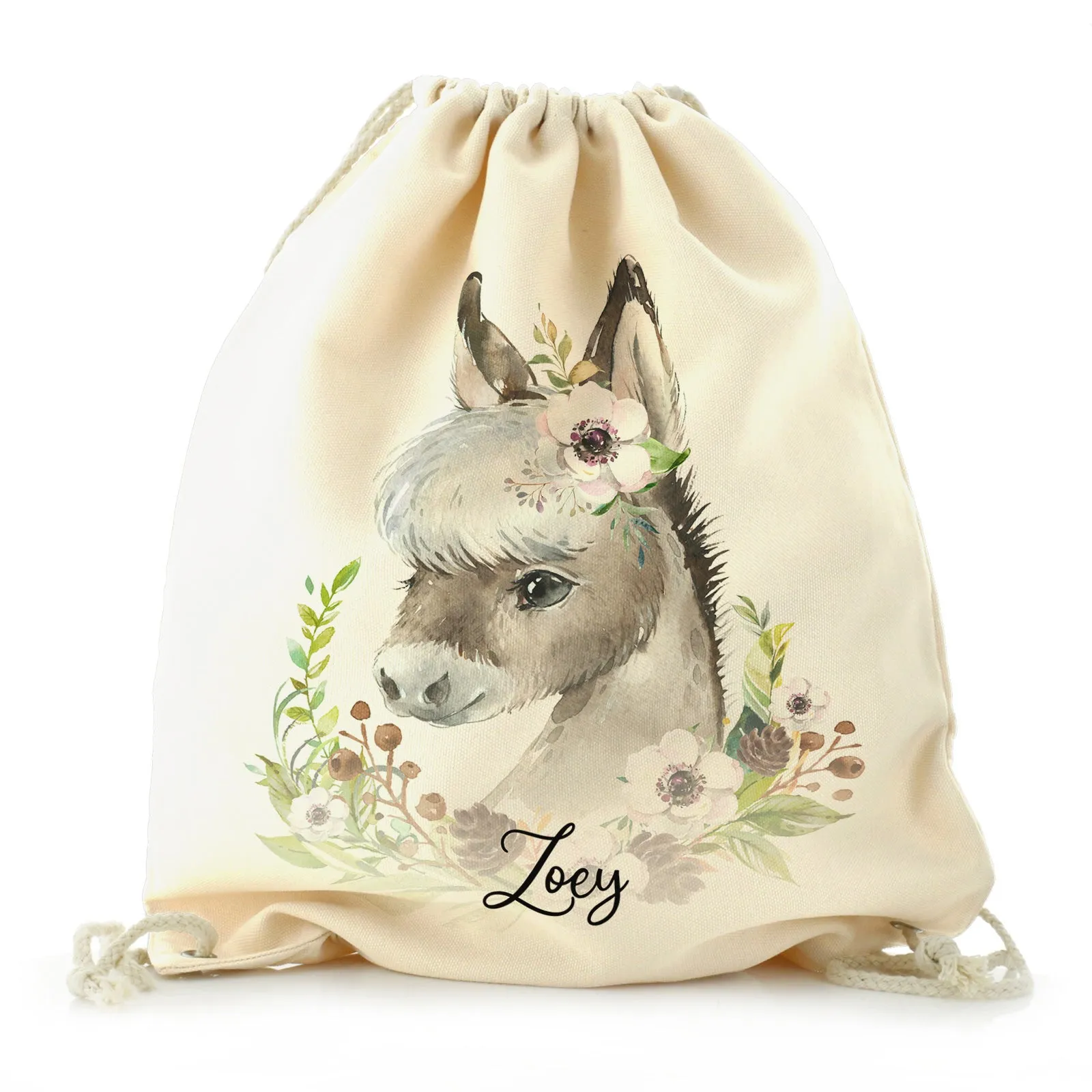 Personalised Canvas Drawstring Backpack with Grey Donkey Pink and White Flowers and Cute Text