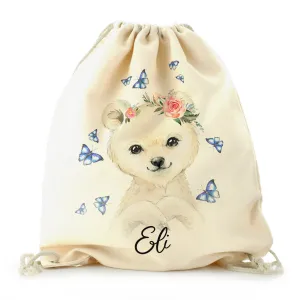 Personalised Canvas Drawstring Backpack with White Polar Bear Blue Butterflies and Cute Text