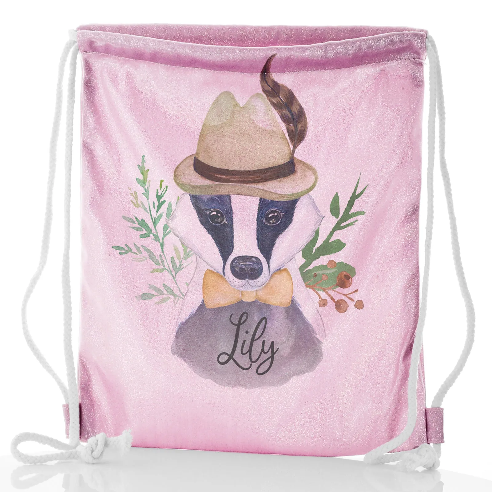 Personalised Glitter Drawstring Backpack with Badger Feather Hat and Cute Text