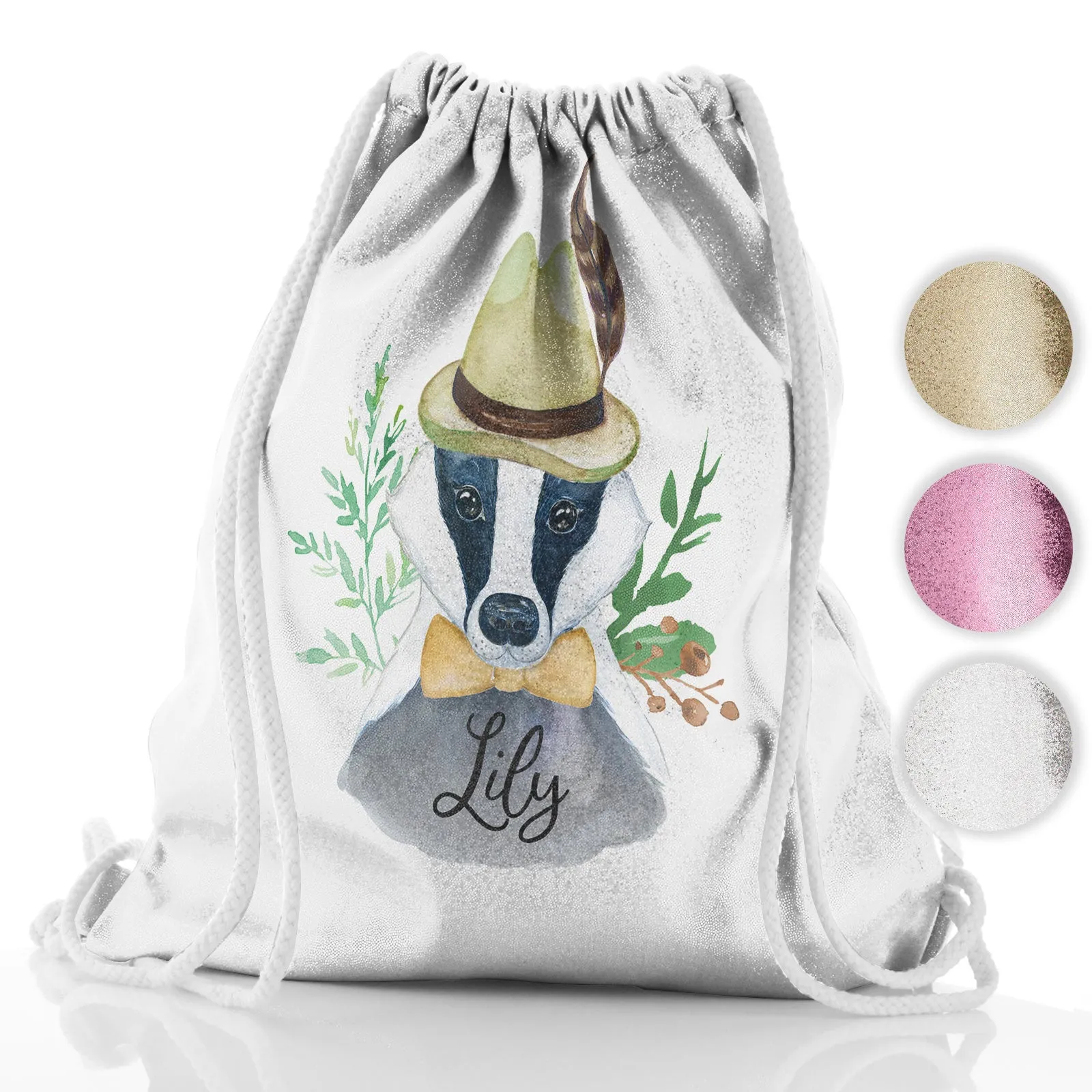 Personalised Glitter Drawstring Backpack with Badger Feather Hat and Cute Text