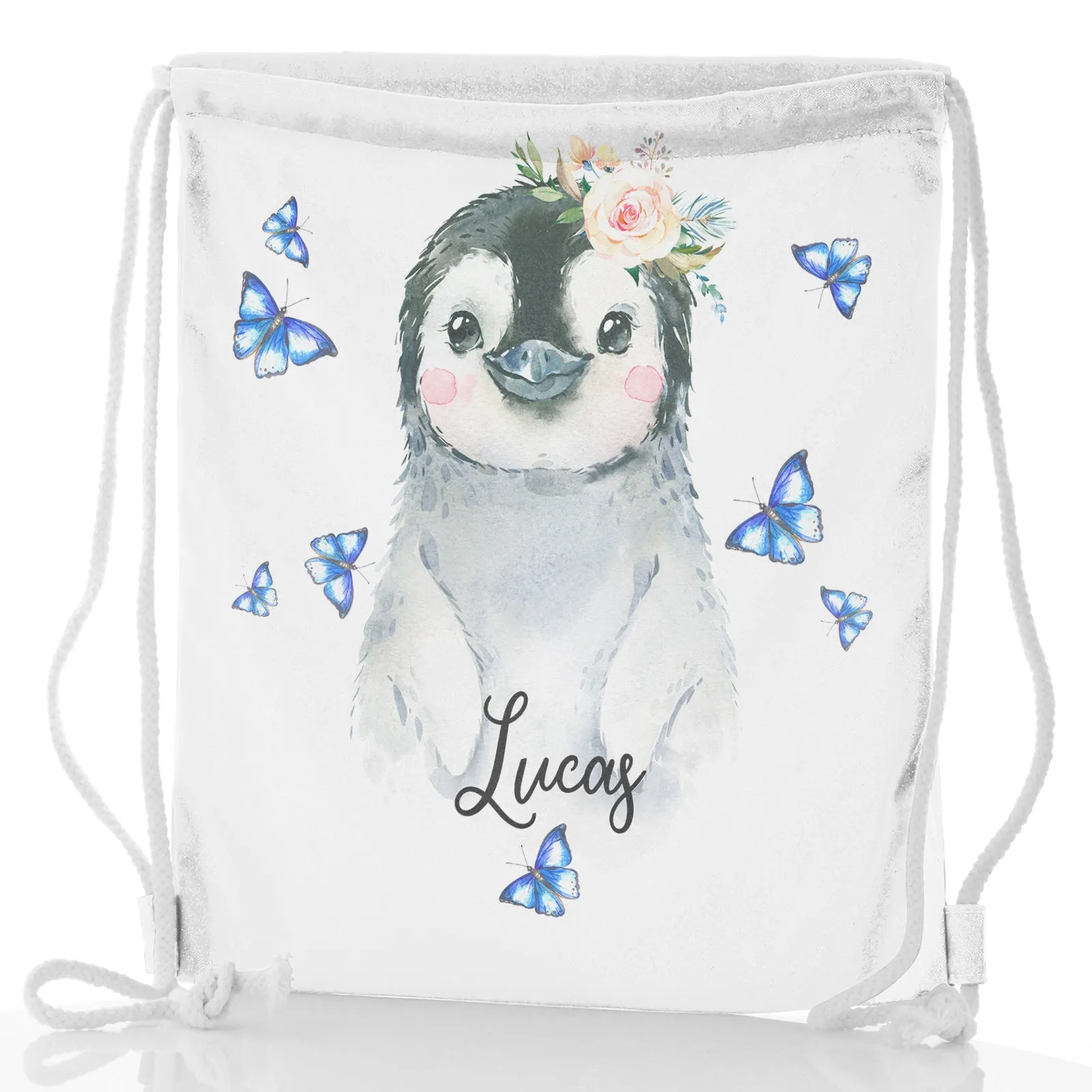 Personalised Glitter Drawstring Backpack with Grey Penguin Blue Butterflies and Cute Text