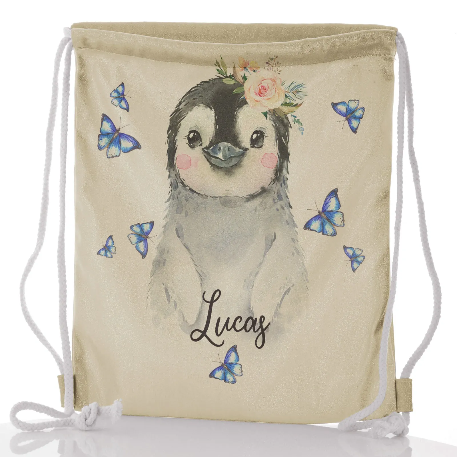 Personalised Glitter Drawstring Backpack with Grey Penguin Blue Butterflies and Cute Text