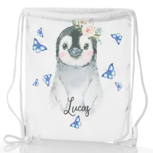 Personalised Glitter Drawstring Backpack with Grey Penguin Blue Butterflies and Cute Text