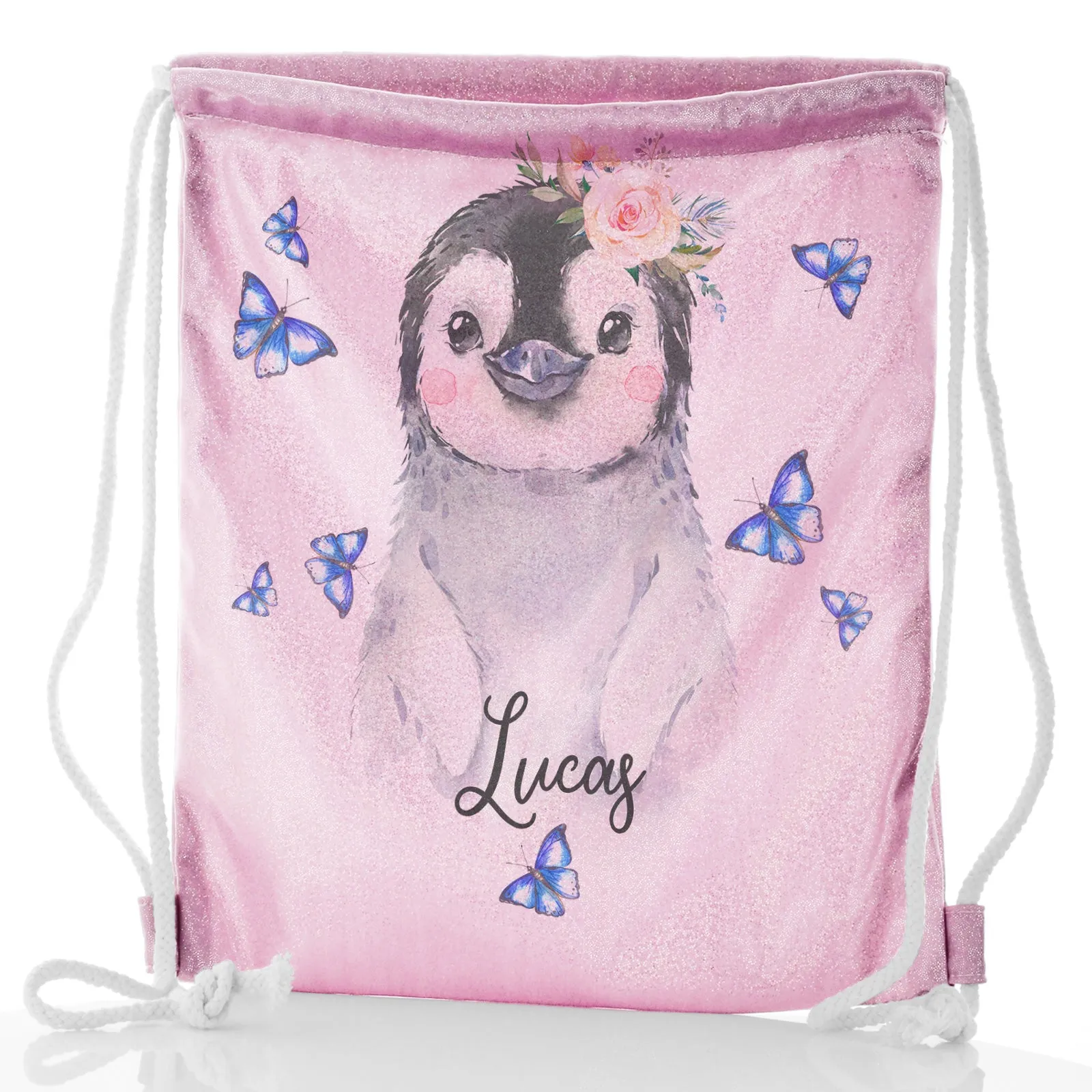 Personalised Glitter Drawstring Backpack with Grey Penguin Blue Butterflies and Cute Text