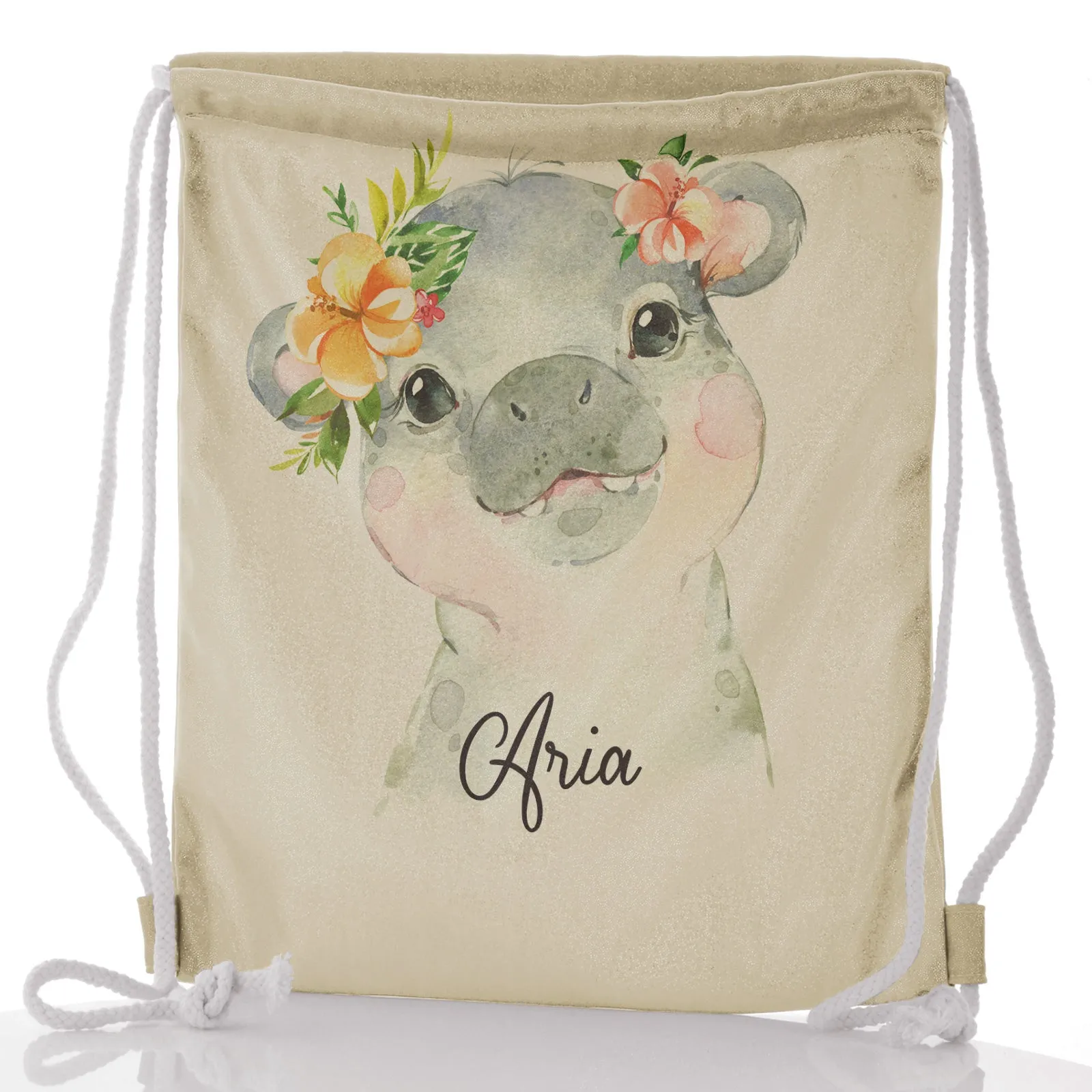 Personalised Glitter Drawstring Backpack with Hippo Peach Flowers and Cute Text