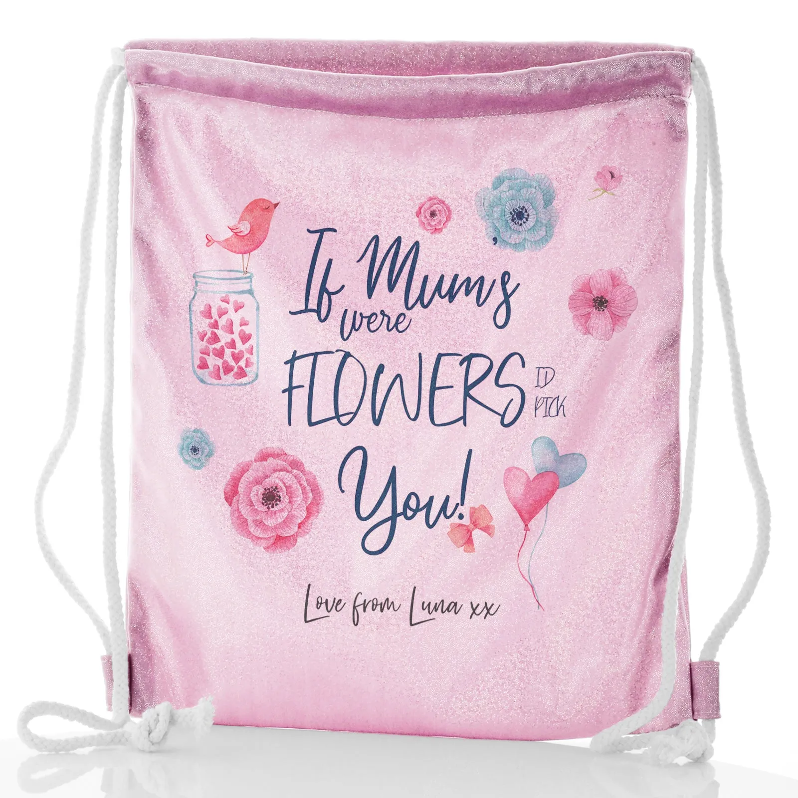 Personalised Glitter Drawstring Backpack with Stylish Text and Flowers Love Message