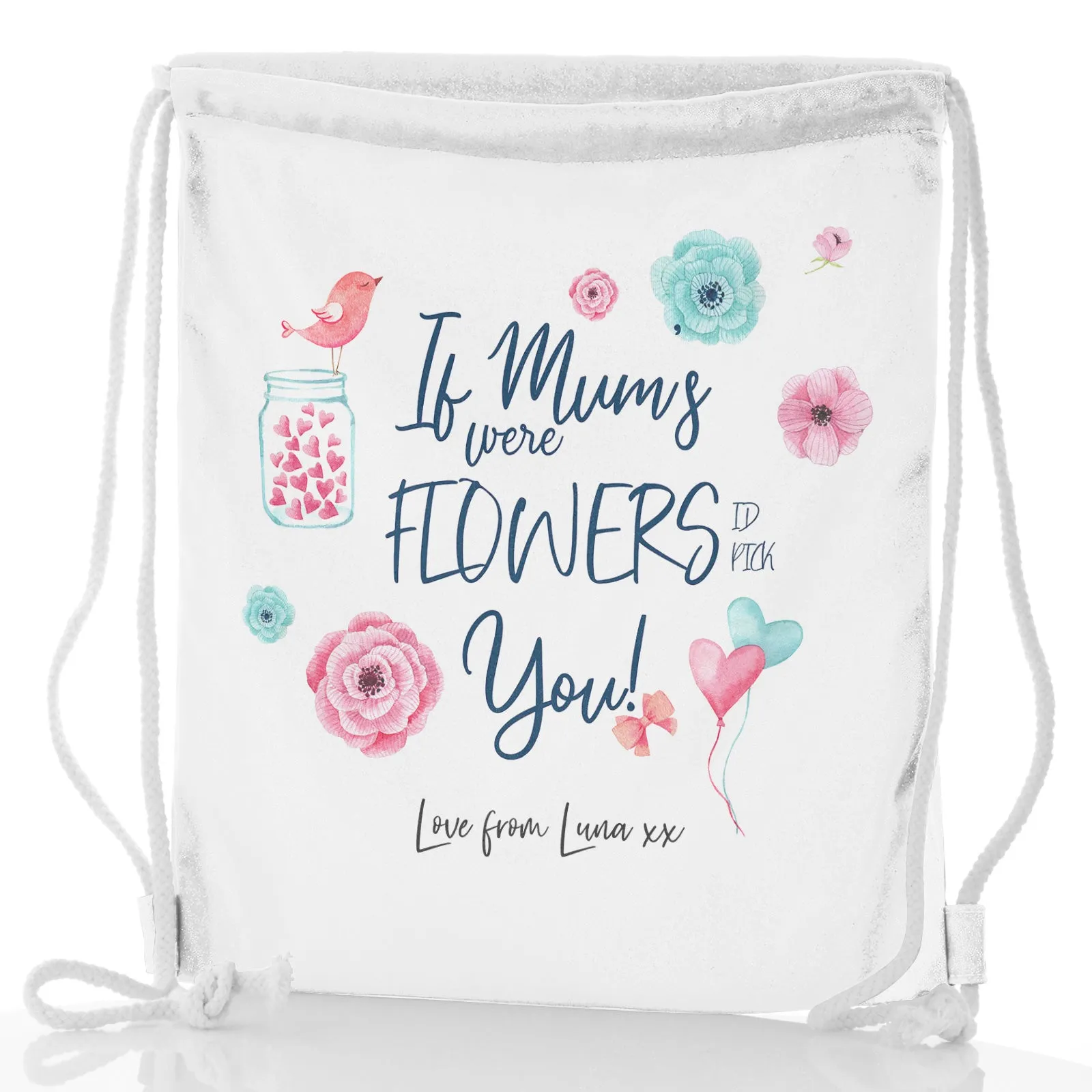 Personalised Glitter Drawstring Backpack with Stylish Text and Flowers Love Message