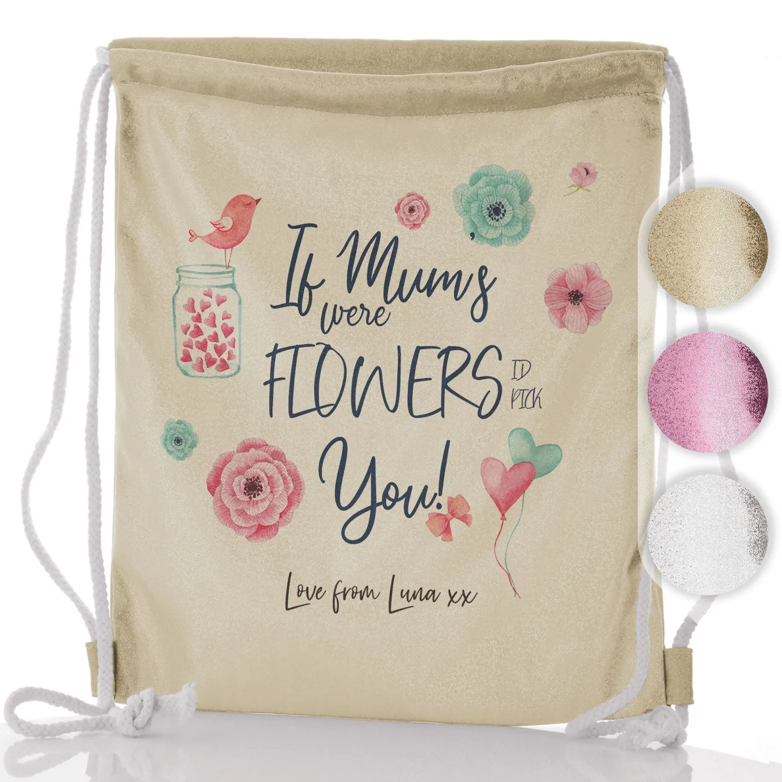 Personalised Glitter Drawstring Backpack with Stylish Text and Flowers Love Message