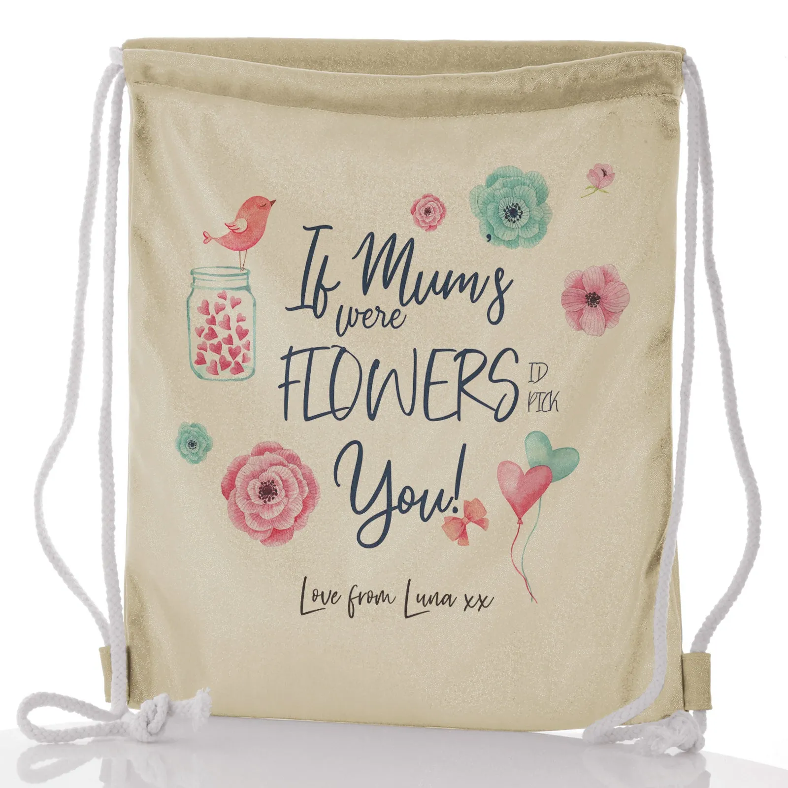 Personalised Glitter Drawstring Backpack with Stylish Text and Flowers Love Message