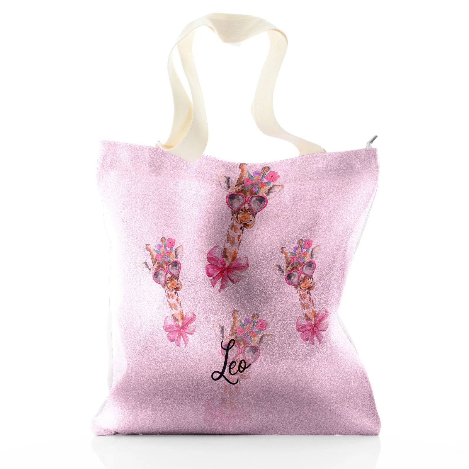 Personalised Glitter Tote Bag with Giraffe Pink Bow Multicolour Flowers and Cute Text