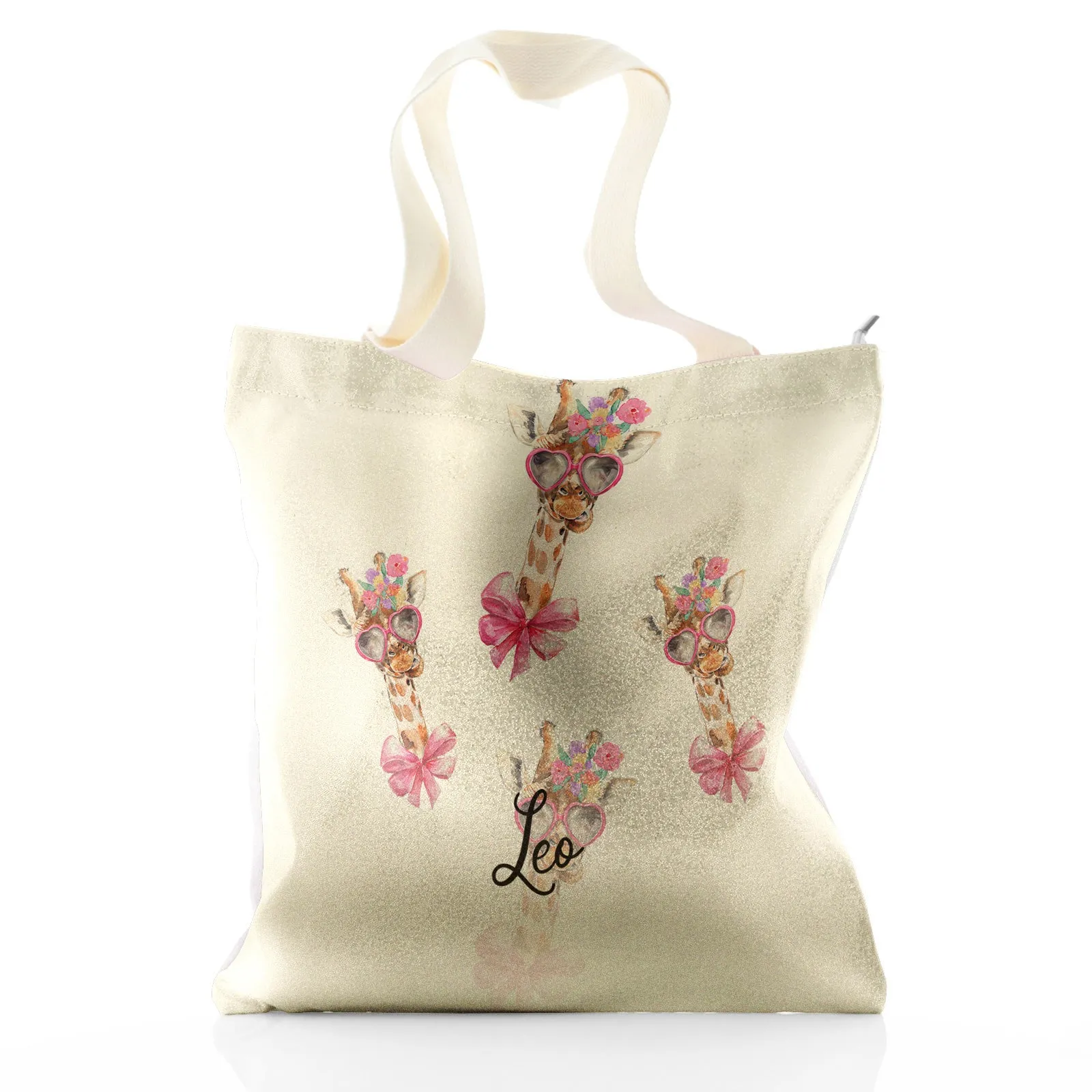 Personalised Glitter Tote Bag with Giraffe Pink Bow Multicolour Flowers and Cute Text