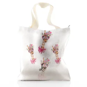 Personalised Glitter Tote Bag with Giraffe Pink Bow Multicolour Flowers and Cute Text