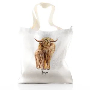 Personalised Glitter Tote Bag with Welcoming Text and Relaxing Mum and Baby Highland Cows