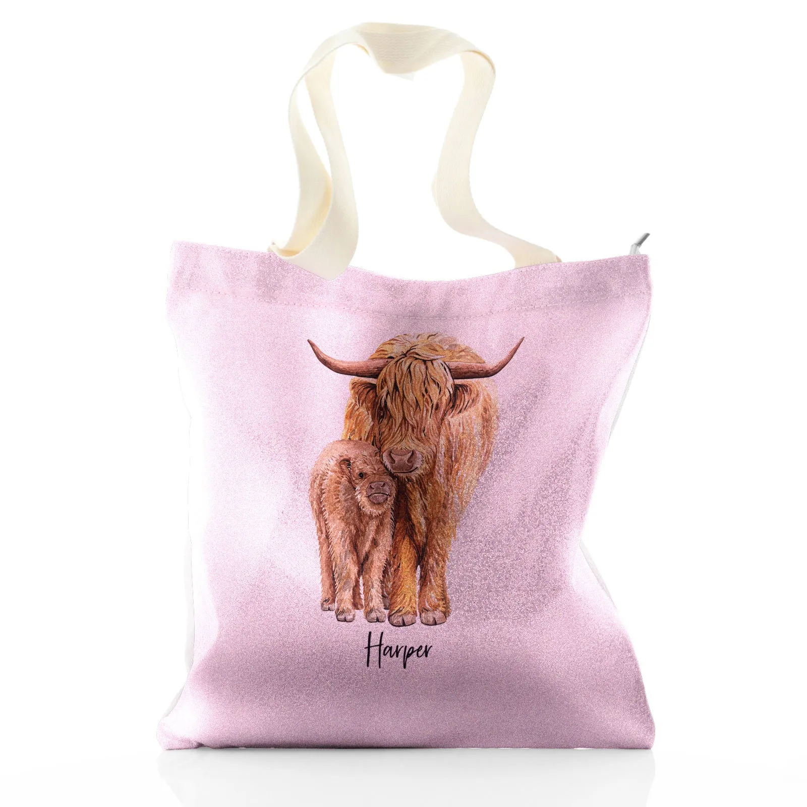 Personalised Glitter Tote Bag with Welcoming Text and Relaxing Mum and Baby Highland Cows
