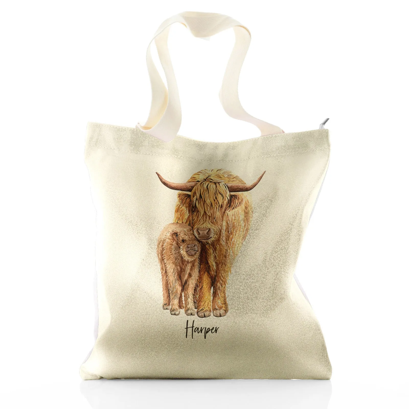 Personalised Glitter Tote Bag with Welcoming Text and Relaxing Mum and Baby Highland Cows