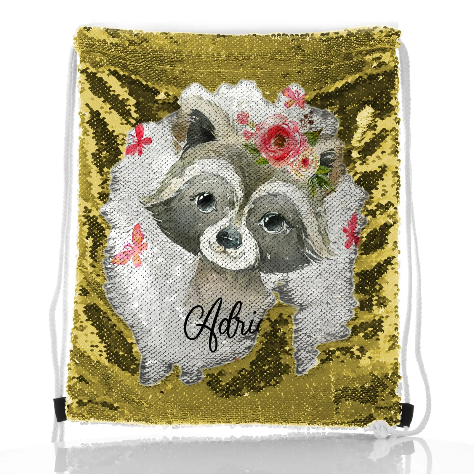Personalised Sequin Drawstring Backpack with Raccoon Pink Butterfly Flowers and Cute Text