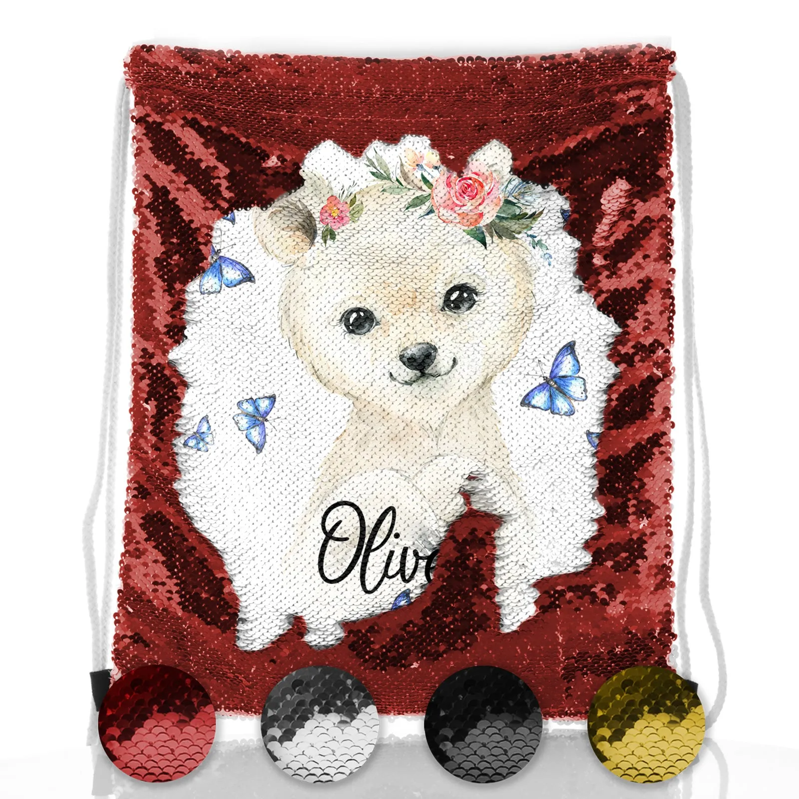 Personalised Sequin Drawstring Backpack with White Polar Bear Blue Butterflies and Cute Text