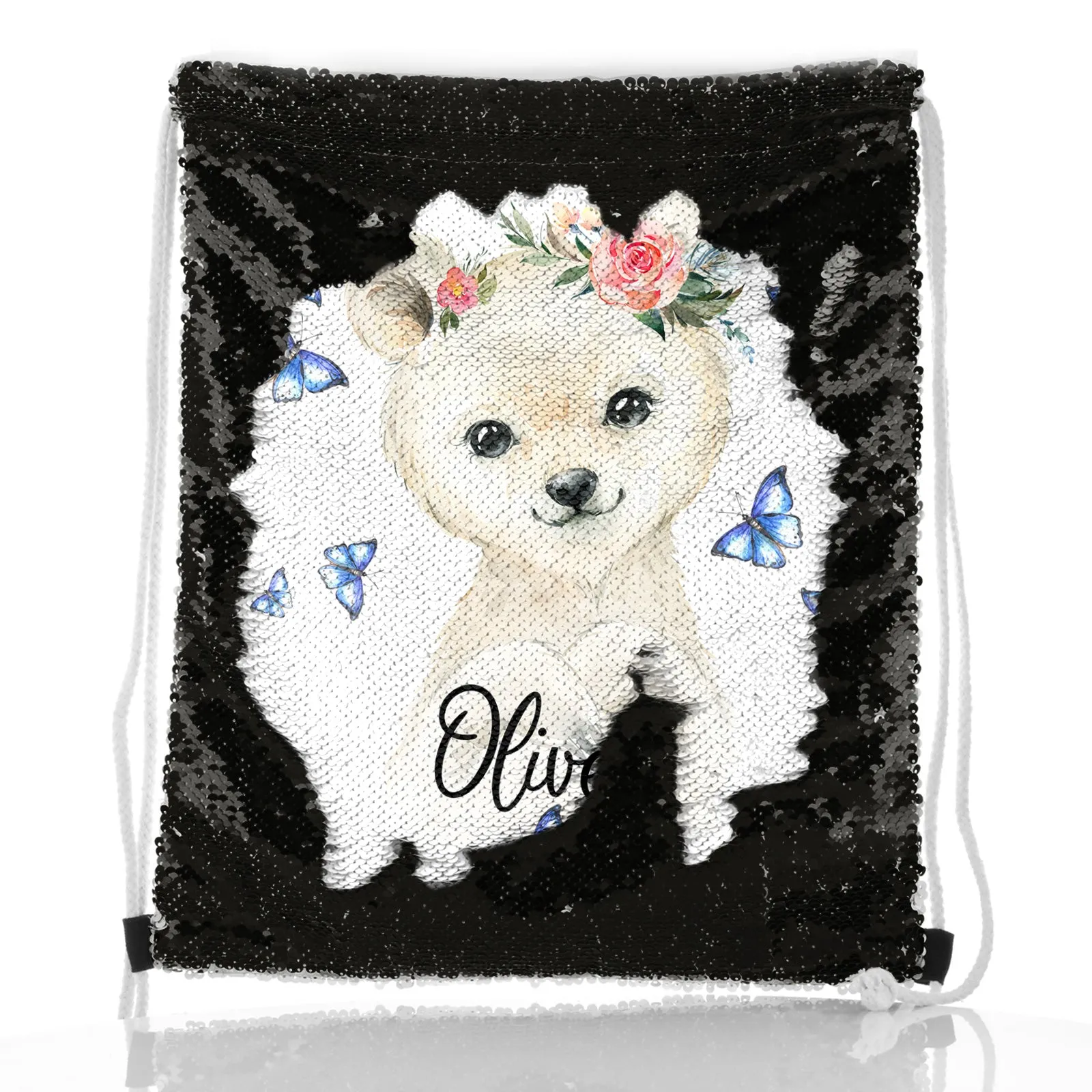 Personalised Sequin Drawstring Backpack with White Polar Bear Blue Butterflies and Cute Text
