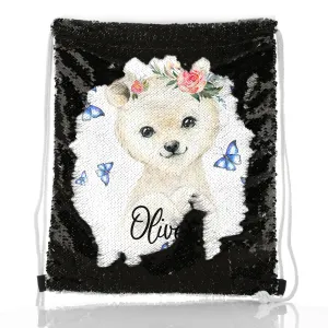 Personalised Sequin Drawstring Backpack with White Polar Bear Blue Butterflies and Cute Text
