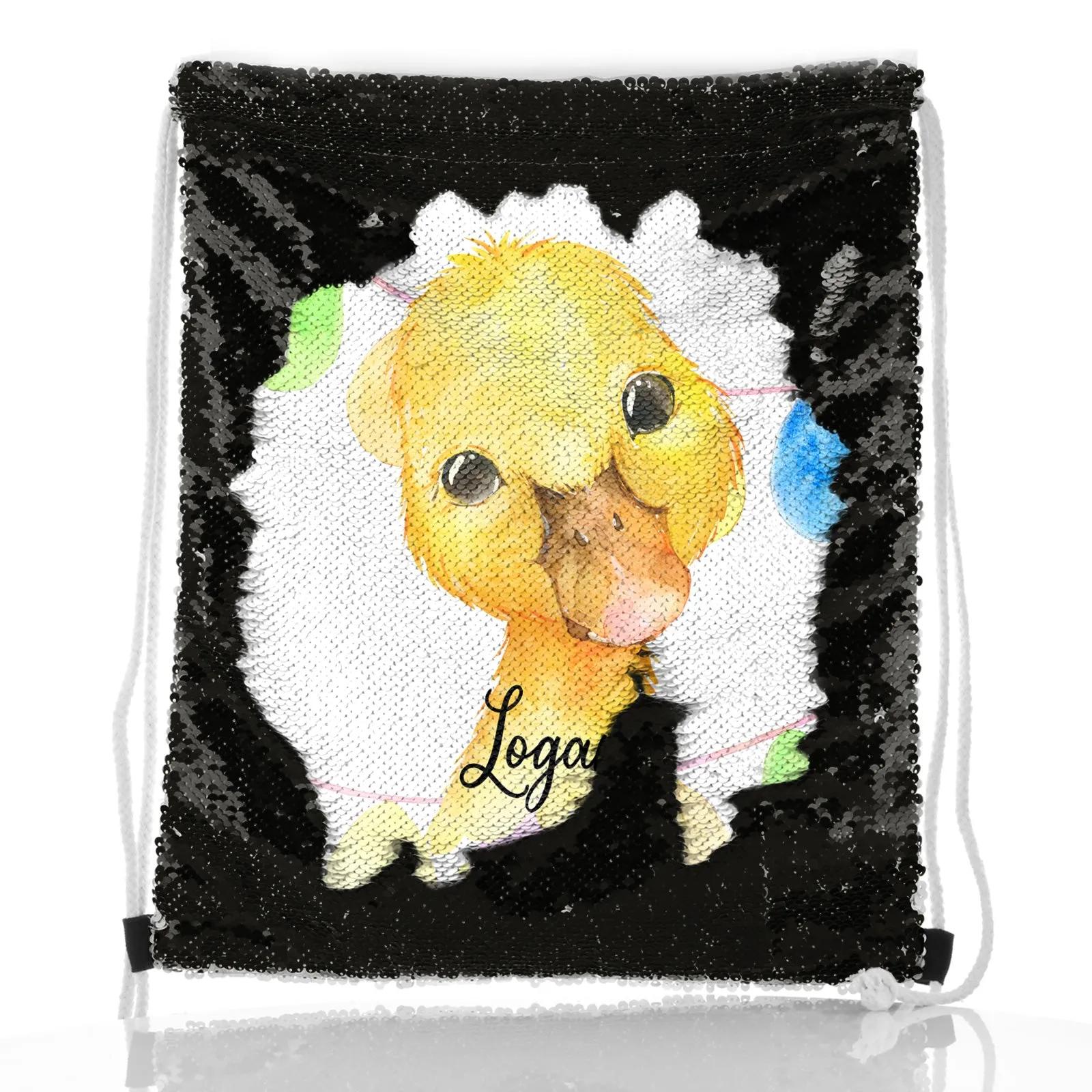Personalised Sequin Drawstring Backpack with Yellow Duck Multicolour Buntin and Cute Text