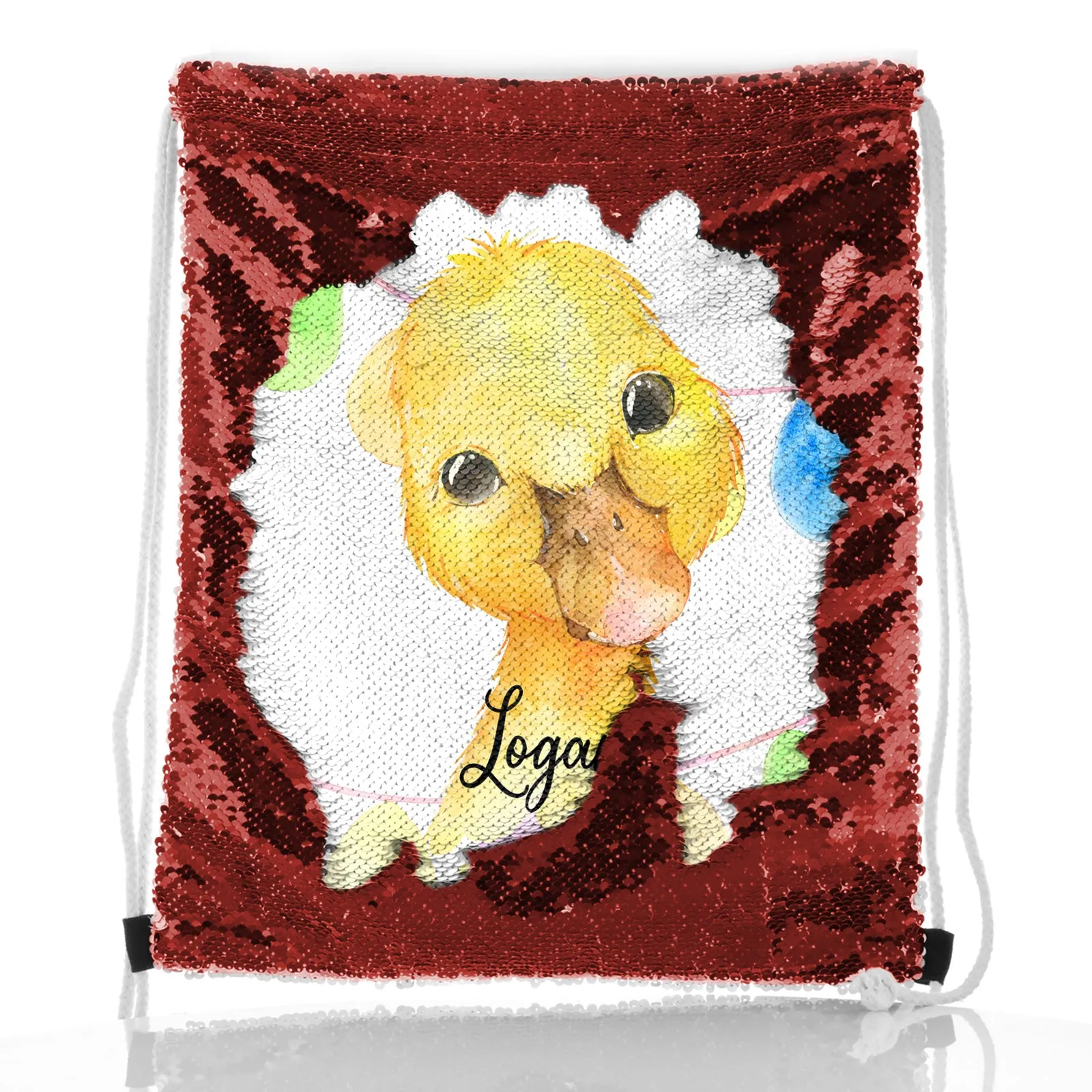 Personalised Sequin Drawstring Backpack with Yellow Duck Multicolour Buntin and Cute Text