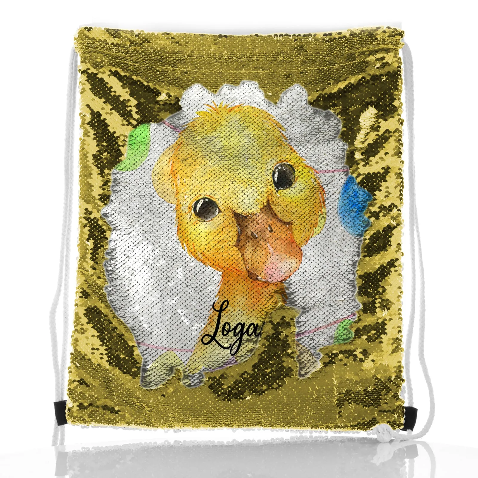 Personalised Sequin Drawstring Backpack with Yellow Duck Multicolour Buntin and Cute Text