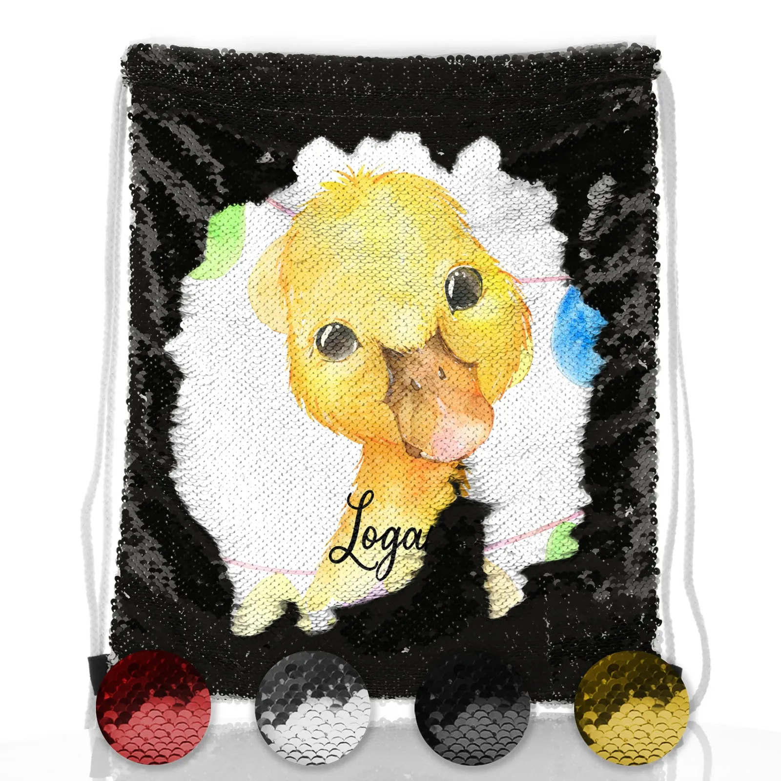 Personalised Sequin Drawstring Backpack with Yellow Duck Multicolour Buntin and Cute Text